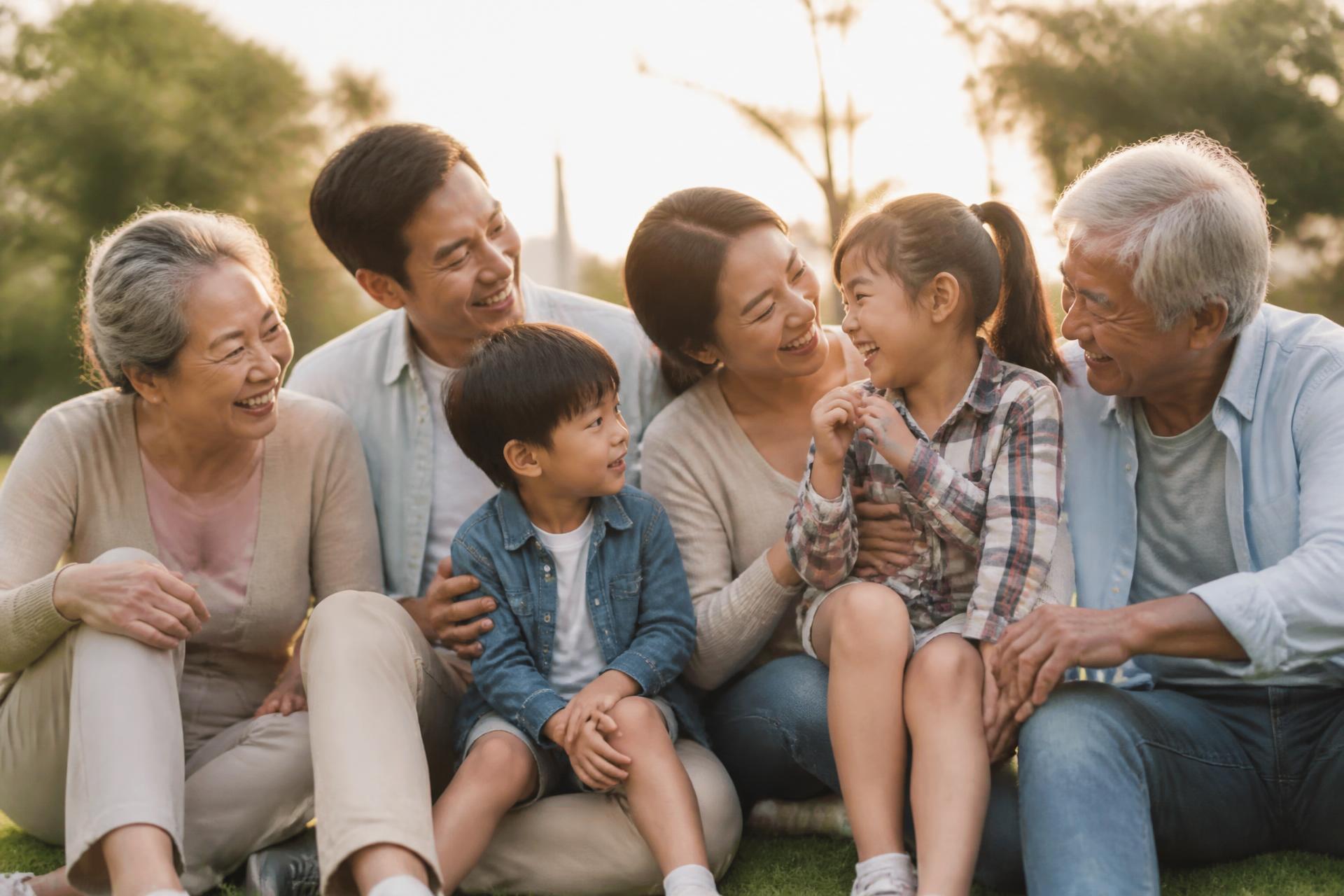 Three generations of one family — grandparents, parents and two young children — sitting together on the grass at golden hour, laughing.