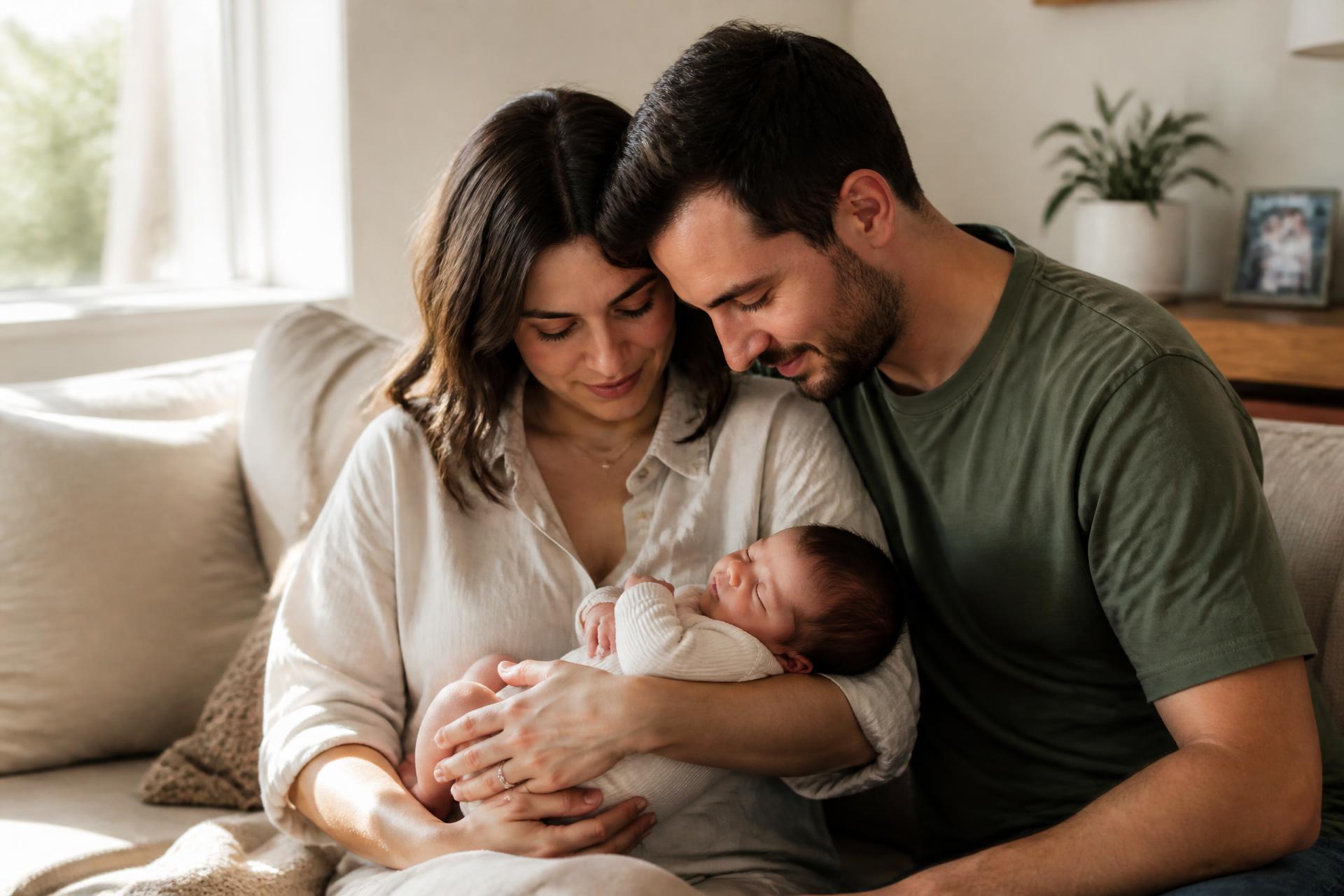 A young couple sitting on their living-room sofa cradling their sleeping newborn in soft daylight.