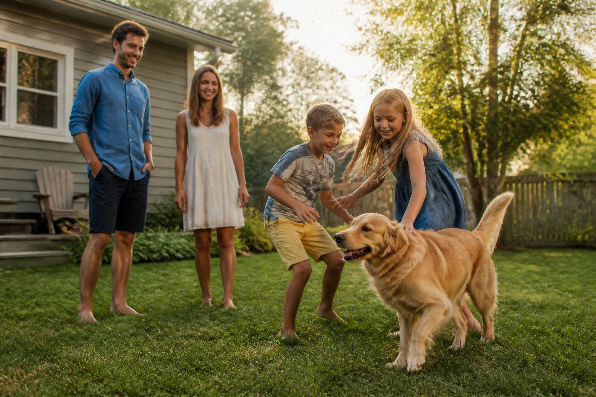 Two children playing with the family golden retriever in a sunlit backyard while their parents look on.