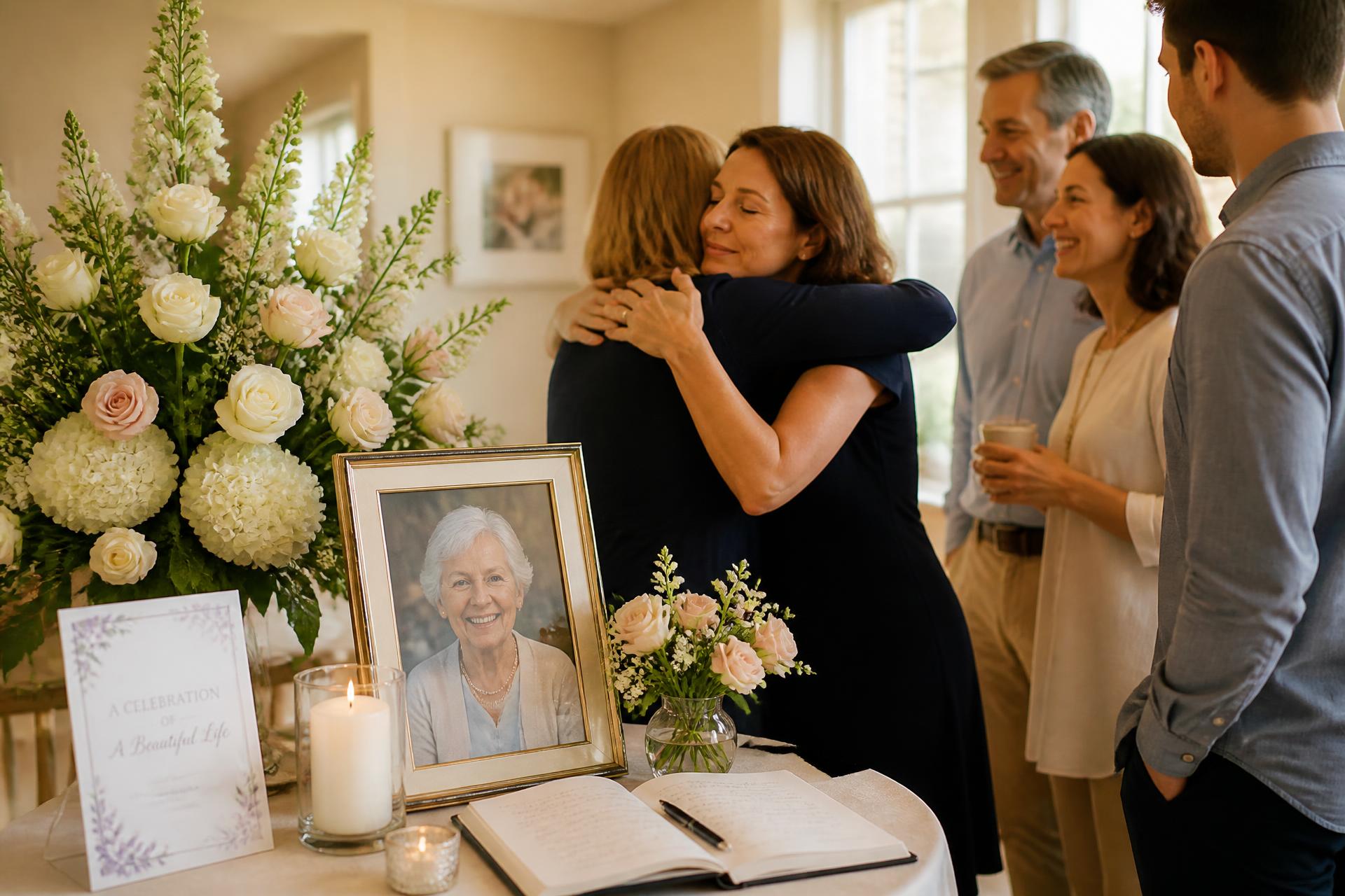 A celebration of life gathering: a framed portrait of a grandmother surrounded by white and blush flowers while family members embrace and share memories.